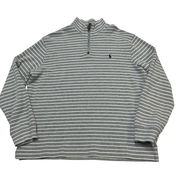 Polo Ralph Lauren Sweater Mens L Gray Striped 1/4 Zip Mock Neck Preppy Old Money - Picture 1 of 8